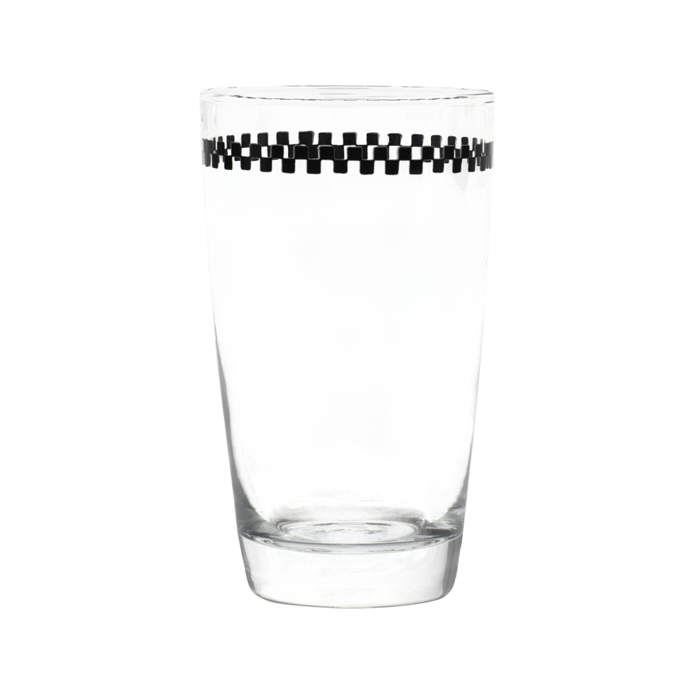 Clear glass with a black and white checkered band around the rim on a white background