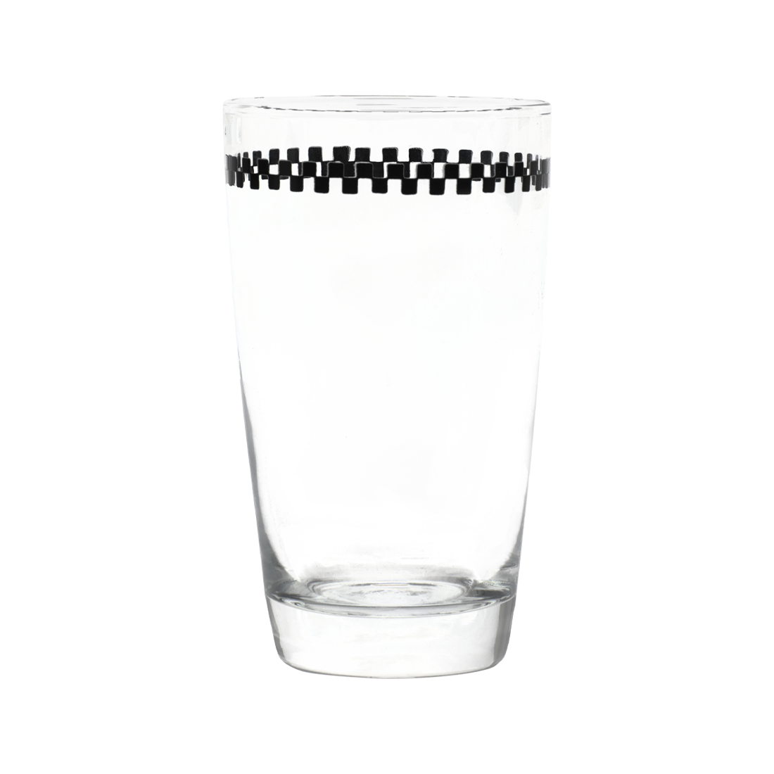 Clear glass with a black and white checkered band around the rim on a white background