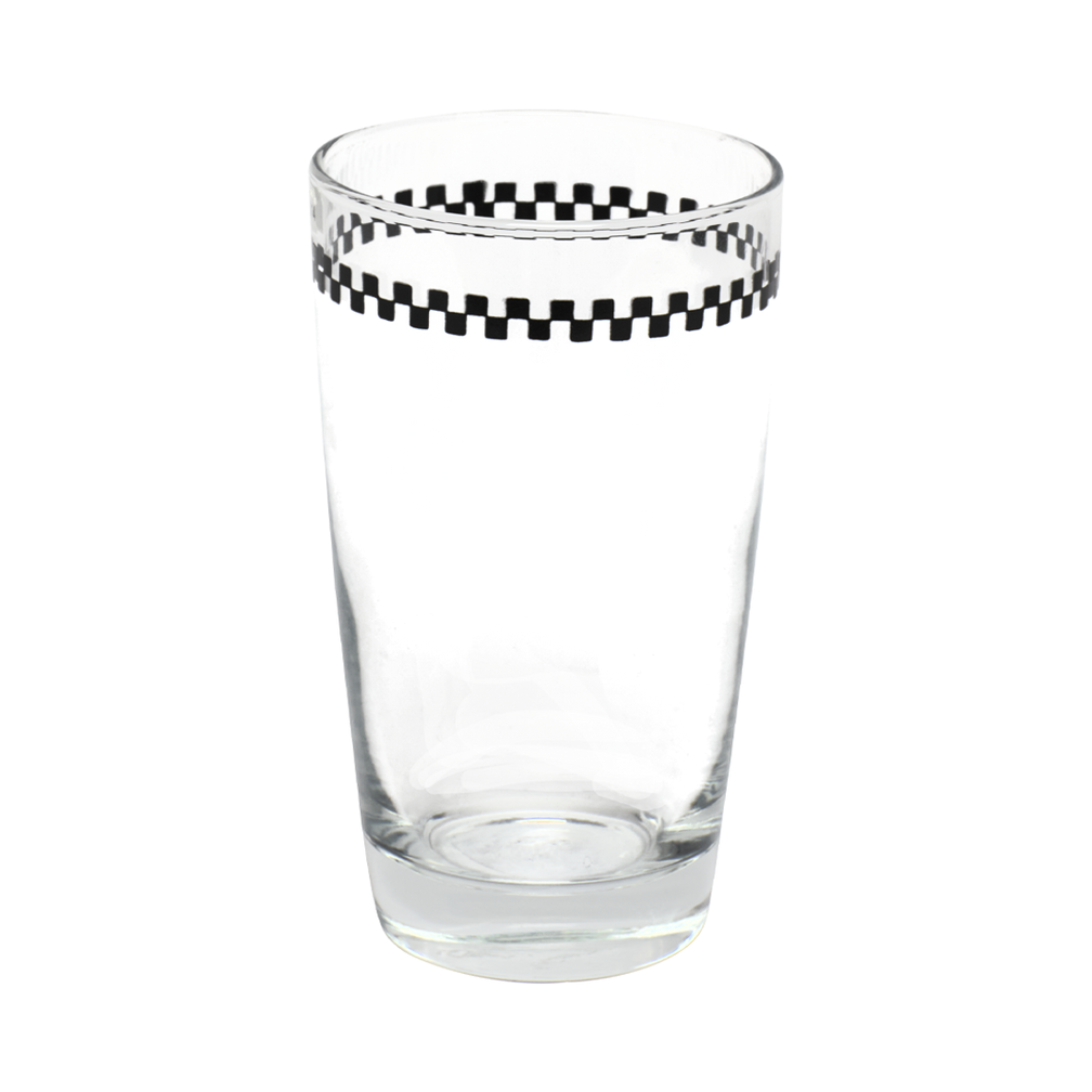 Clear glass with black and white checkered band on a white background
