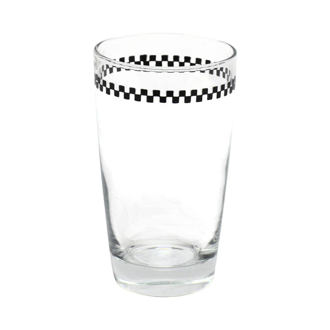 Clear glass with black and white checkered band on a white background