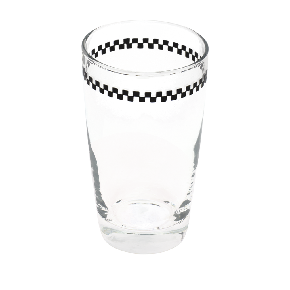 Clear glass with black checkered band on a white background