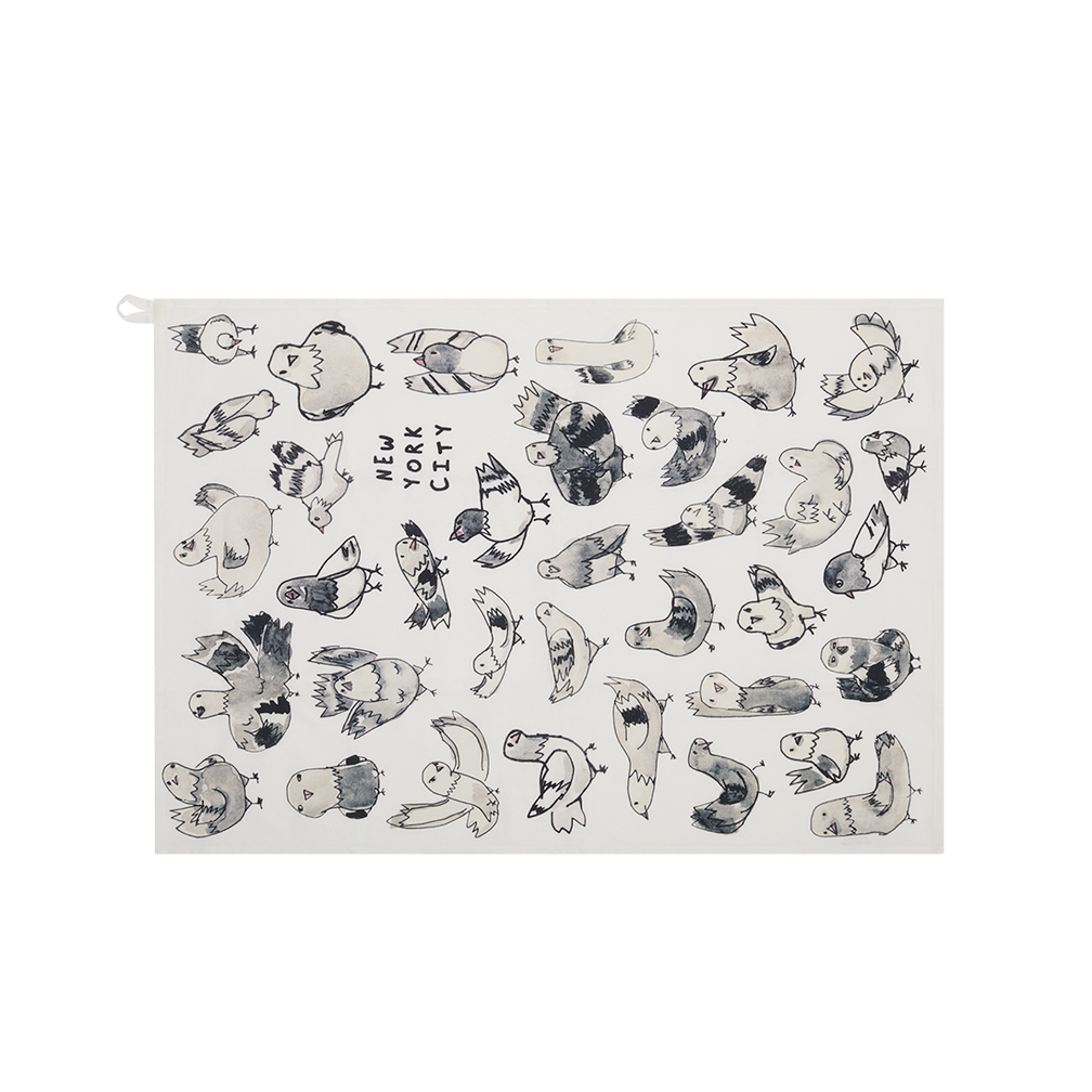 Full view of the NYC Pigeons tea towel with scattered pigeon illustrations and “New York City” text