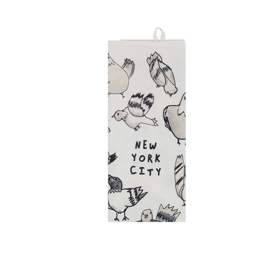 Folded NYC Pigeons tea towel showing hand-drawn pigeons around “New York City” lettering