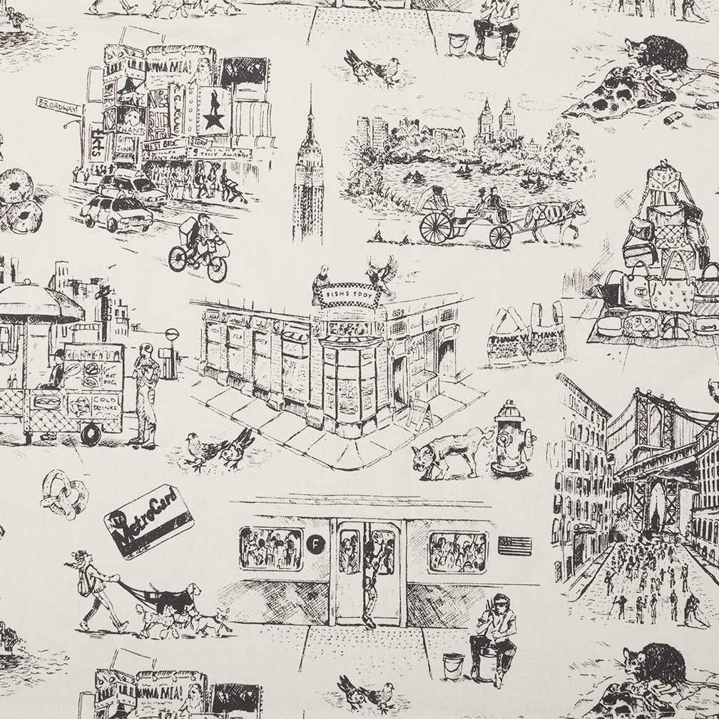 Illustrated city scene with various elements like a train, buildings, and people on a white background.