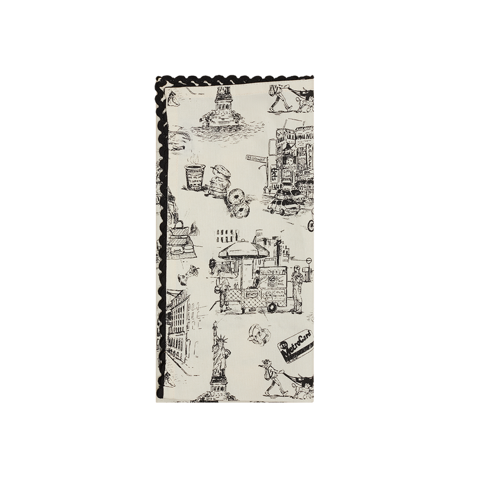 Patterned fabric with black and white design on a white background