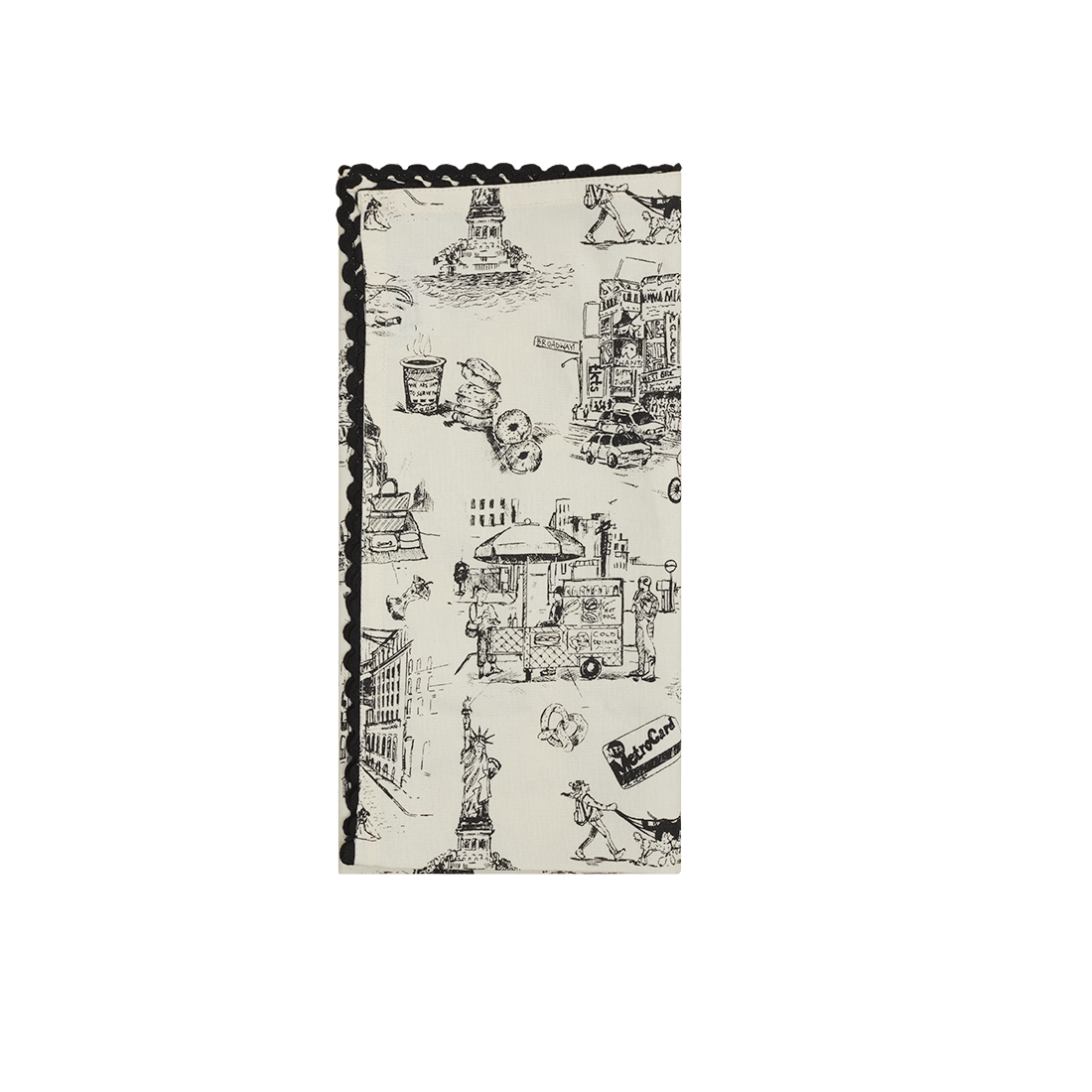 Patterned fabric with black and white design on a white background