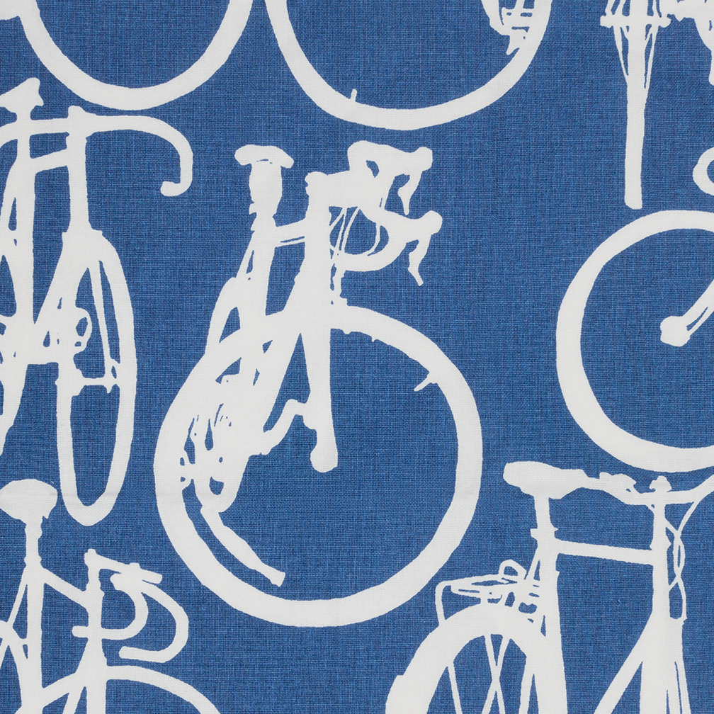 White bicycles and bicycle wheels on a blue background