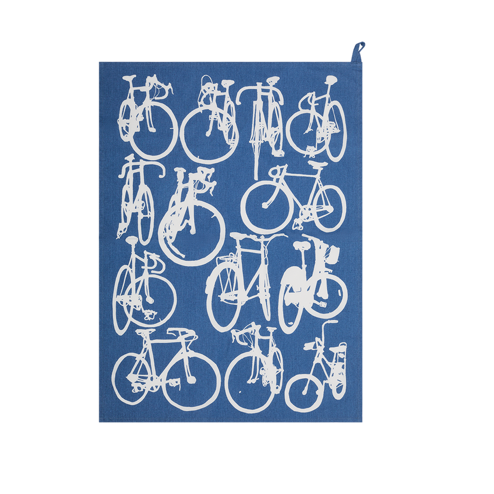Blue towel with white bicycle patterns on a white background