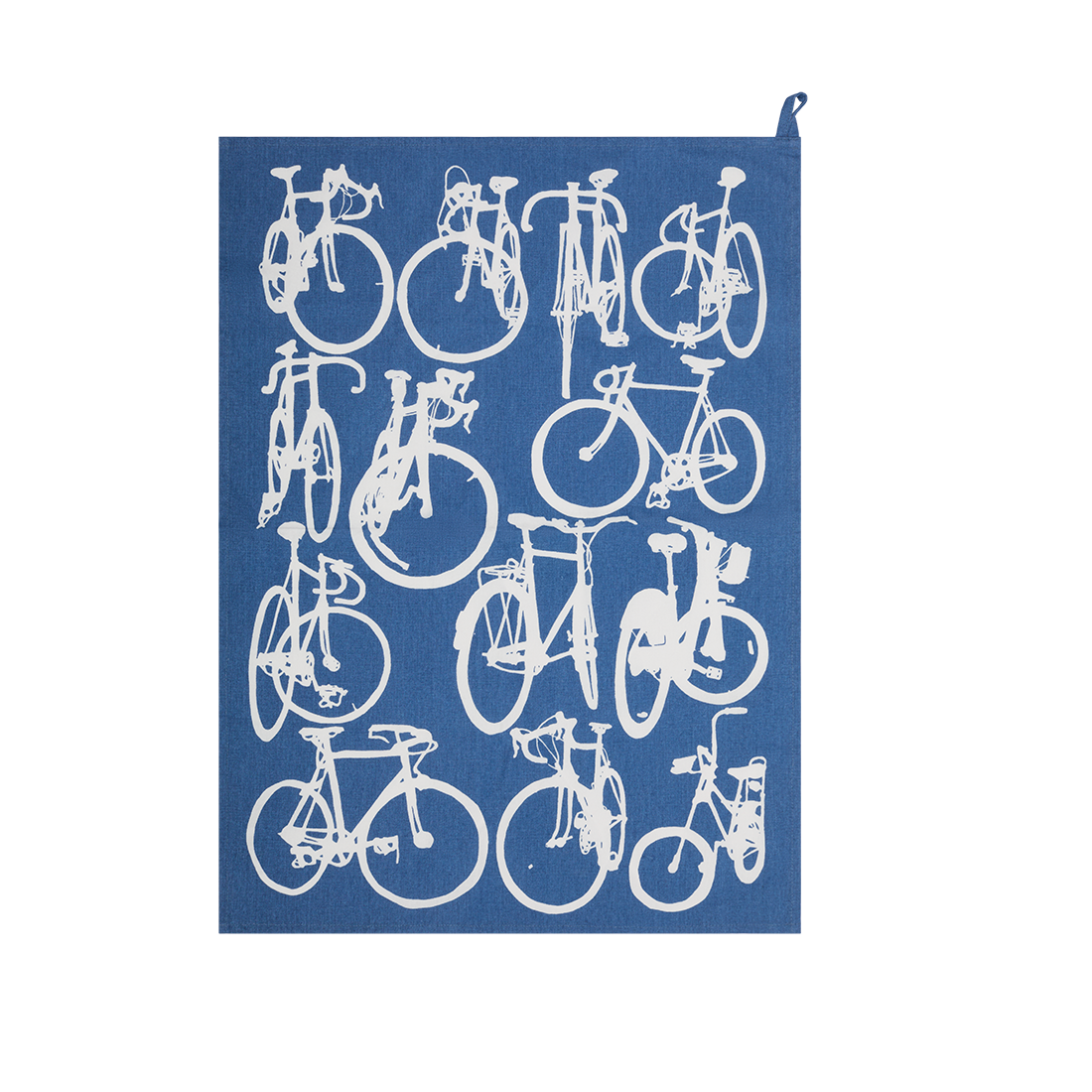 Blue towel with white bicycle patterns on a white background
