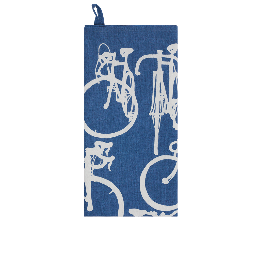 Blue towel with white bicycle pattern on a white background