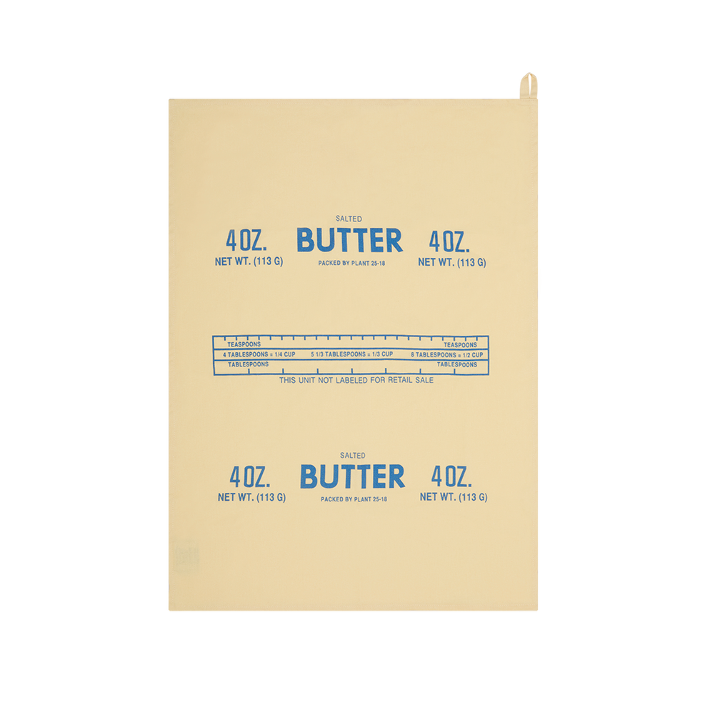Beige butter container with blue text and measurements on a white background