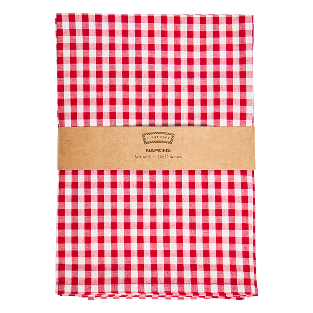Red and white checkered napkins with a brown band displaying 'Napkins' on a white background
