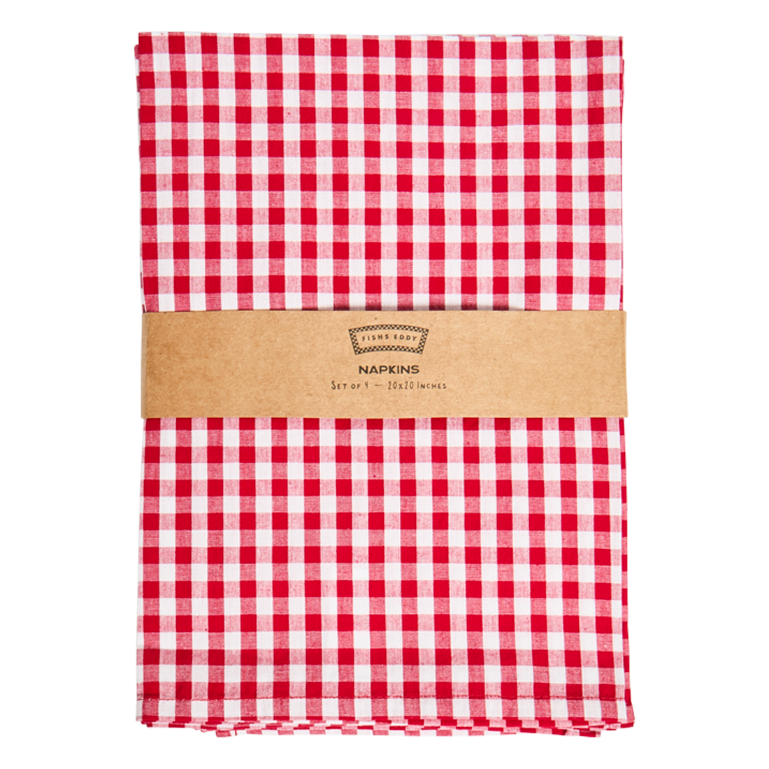 Red and white checkered napkins with a brown band displaying 'Napkins' on a white background