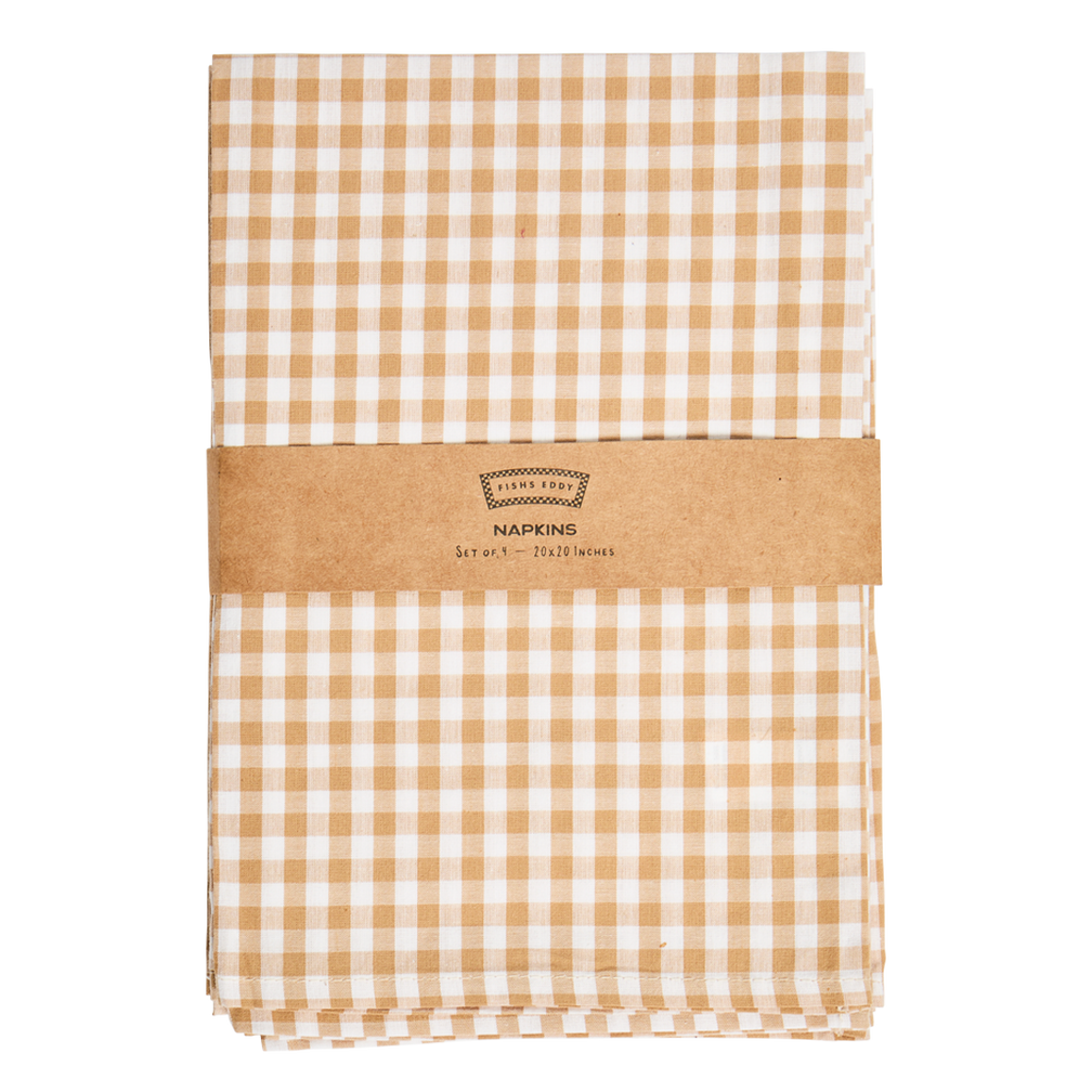 Folded checkered napkins with a brown band and 'Napkins' label on a white background