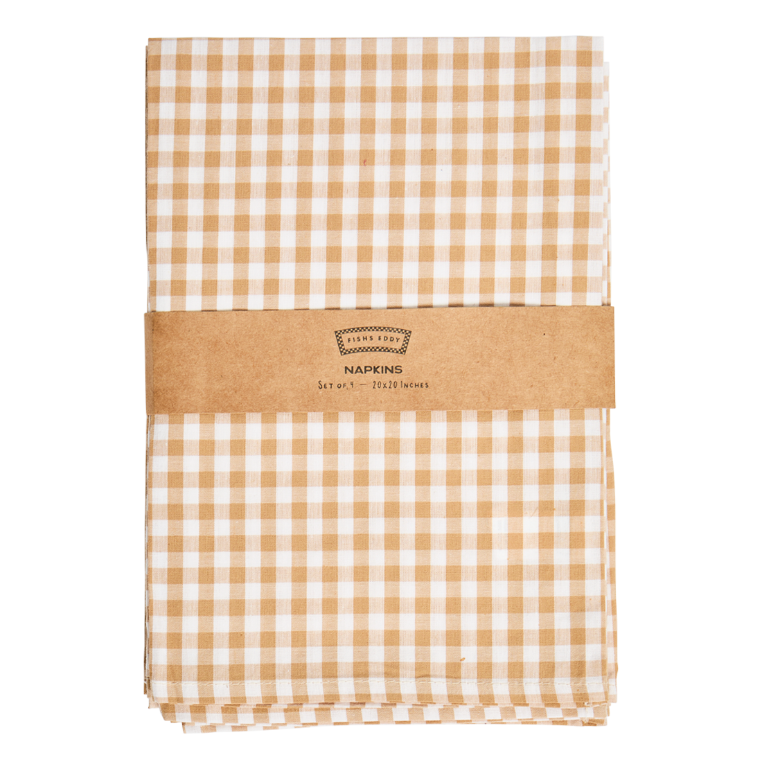 Folded checkered napkins with a brown band and 'Napkins' label on a white background