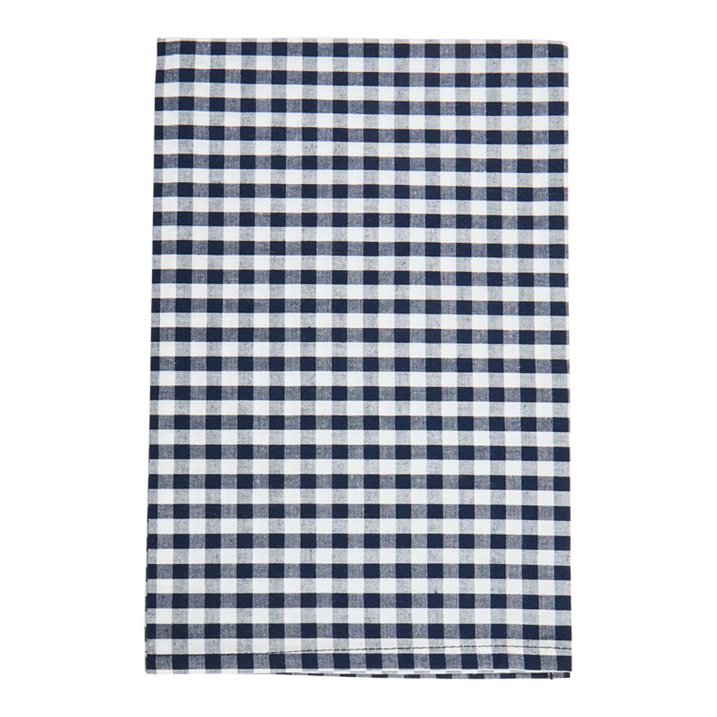 Navy and white checkered towel on a white background