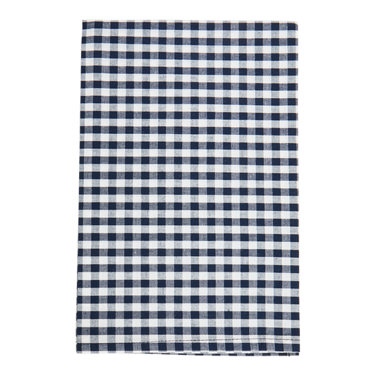 Navy and white checkered towel on a white background