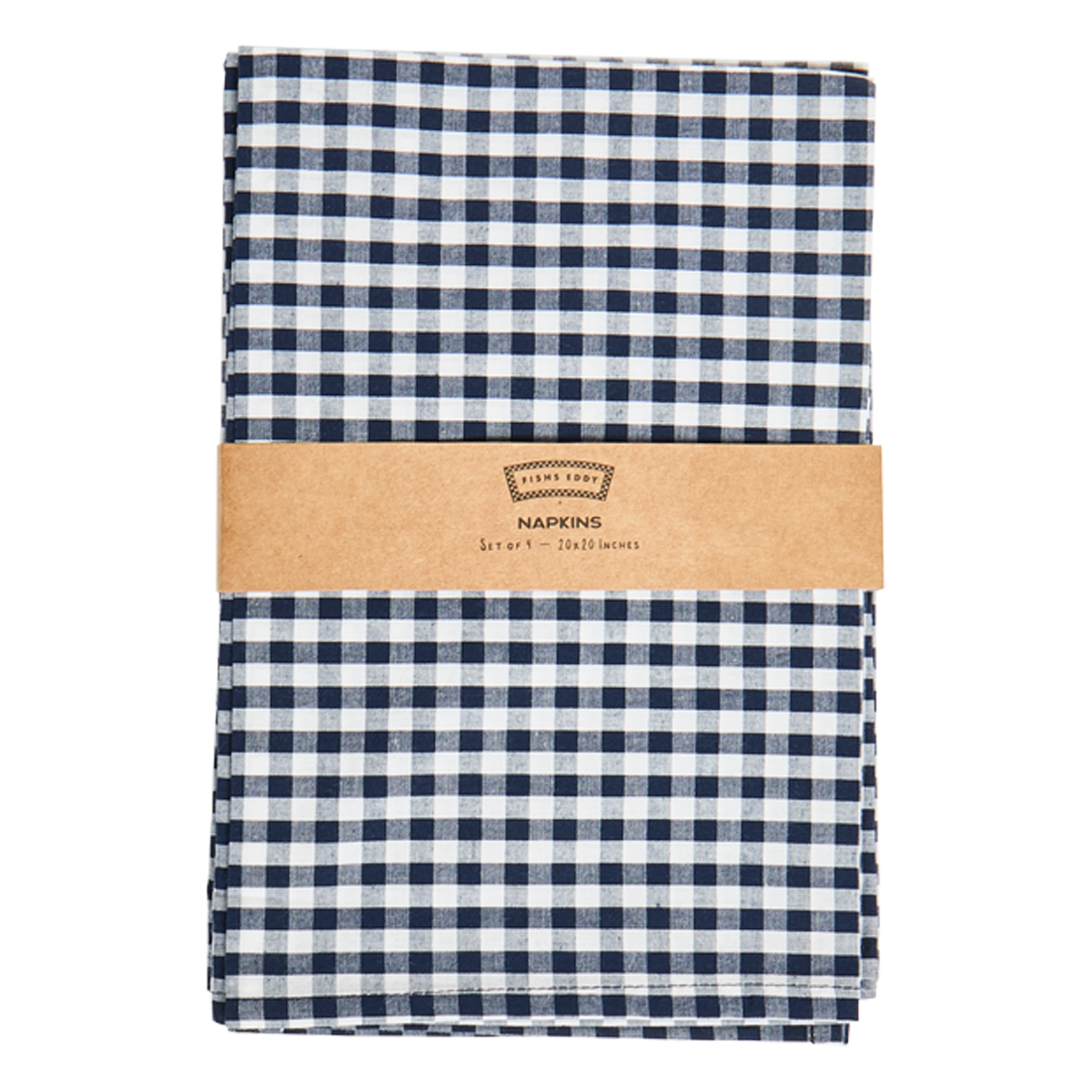 Folded blue and white checkered napkins with a brown band and brand label on a white background