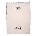 Cream Hot Mess pig tea towel draped in an inverted V shape, with a black illustrated pig and “Hot mess” lettering on the left panel and black scalloped trim along the edges.