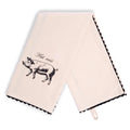 Cream Hot Mess pig tea towel laid flat vertically, showing small black pig illustrations and “Hot mess” lettering near opposite ends, with black scalloped edging around the border.