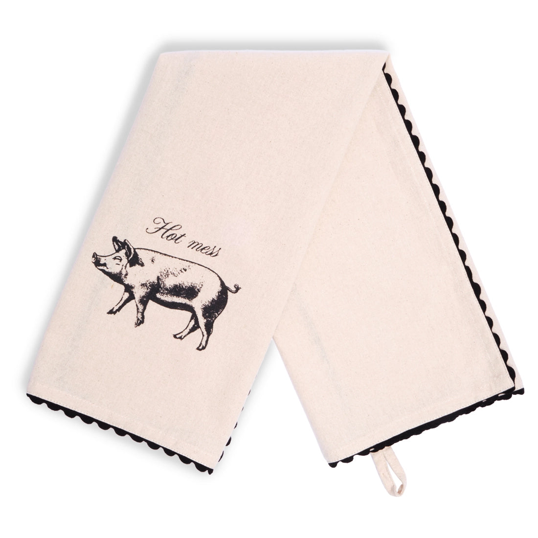 Cream Hot Mess pig tea towel laid flat vertically, showing small black pig illustrations and “Hot mess” lettering near opposite ends, with black scalloped edging around the border.