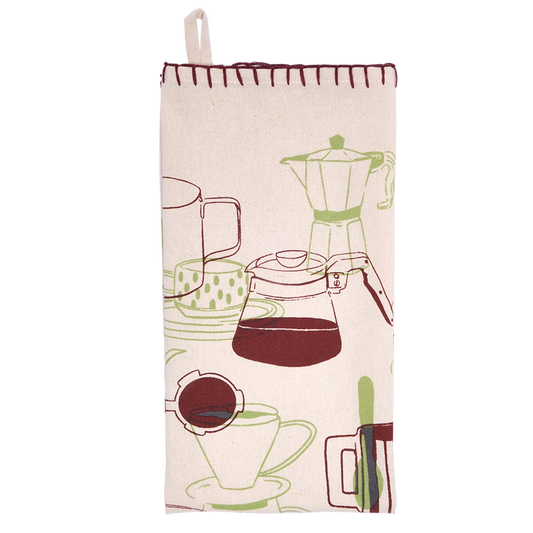 Natural cream tea towel folded lengthwise and hanging vertically, printed with green and burgundy line drawings of coffee pots, mugs, cups, and brewing equipment, with burgundy stitched trim.
