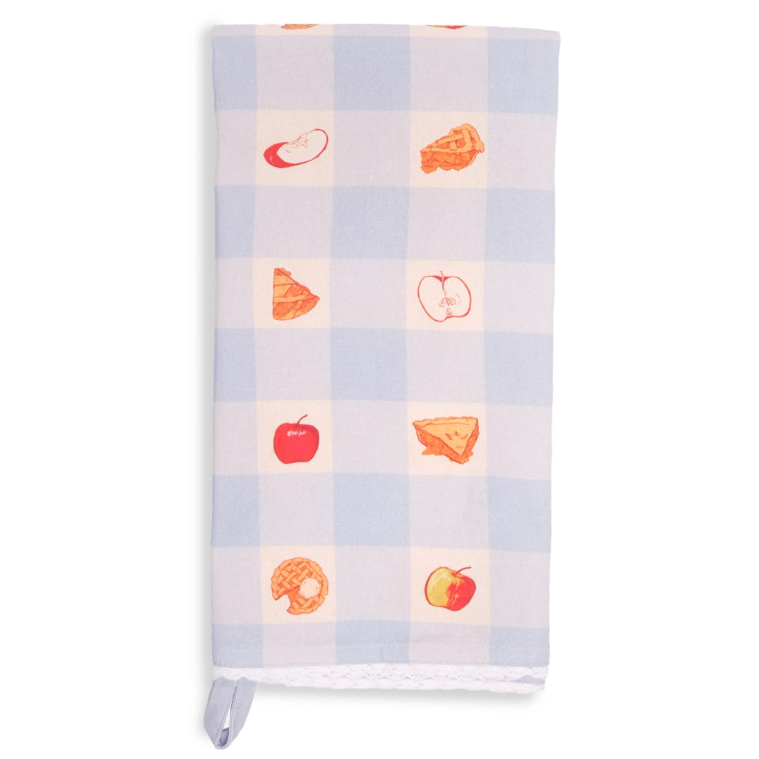 Light blue and white gingham tea towel folded lengthwise and shown vertically, featuring small red apples and golden apple pie illustrations in alternating checks, with white lace trim.