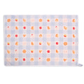 Light blue gingham apple pie tea towel spread flat horizontally, displaying a repeating pattern of red apples, apple slices, and golden lattice pies across the checked fabric.