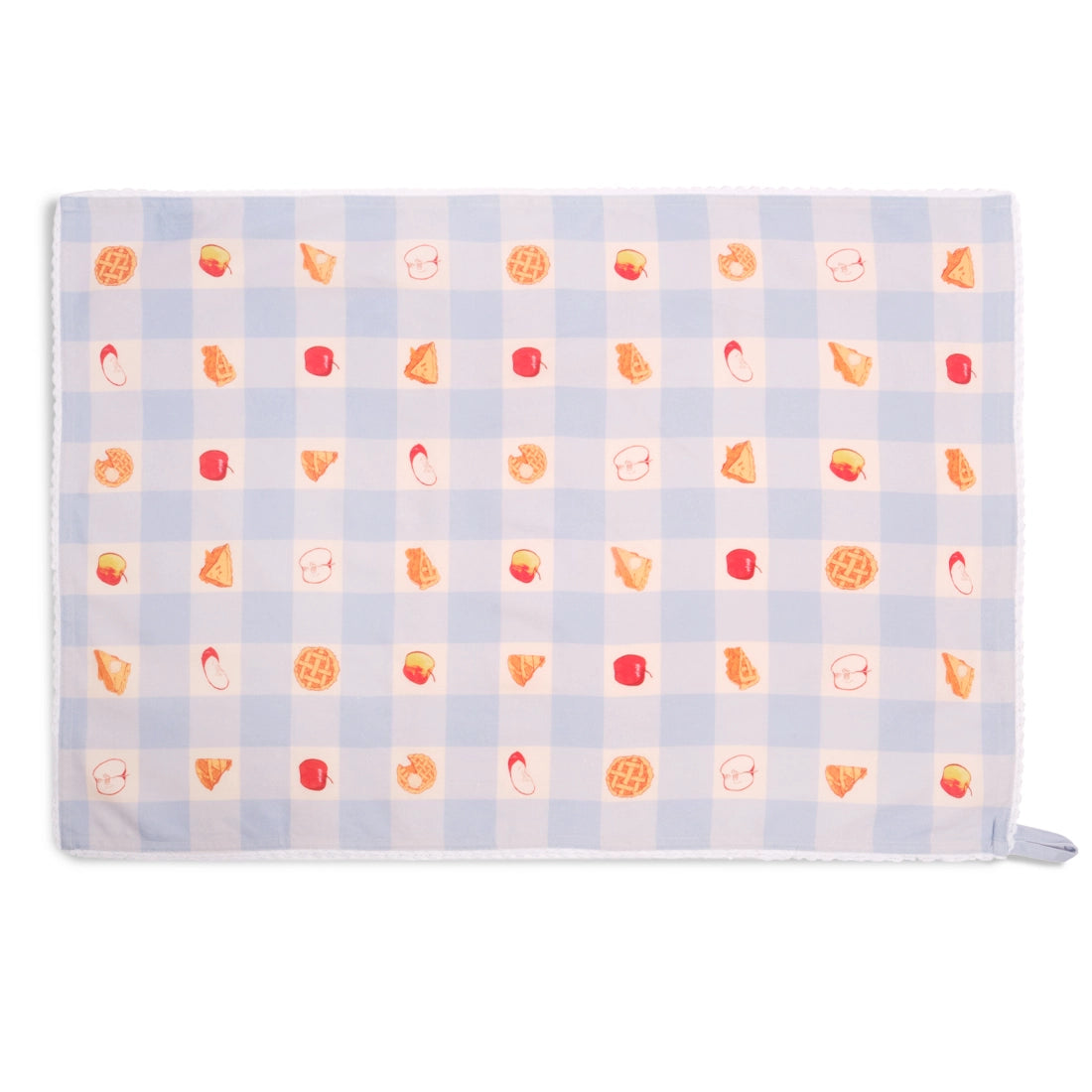 Light blue gingham apple pie tea towel spread flat horizontally, displaying a repeating pattern of red apples, apple slices, and golden lattice pies across the checked fabric.