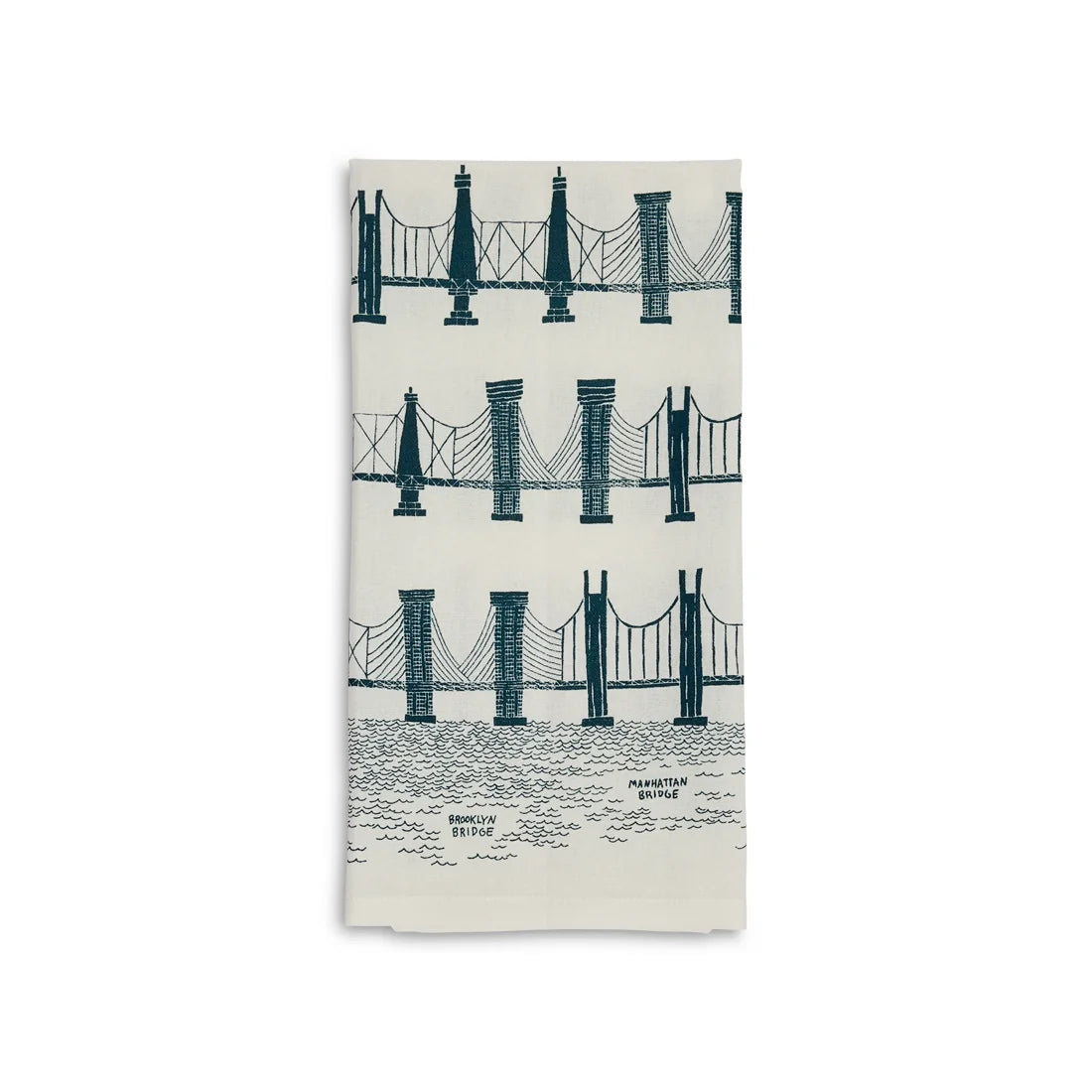 Folded cream tea towel with rows of teal suspension bridge illustrations