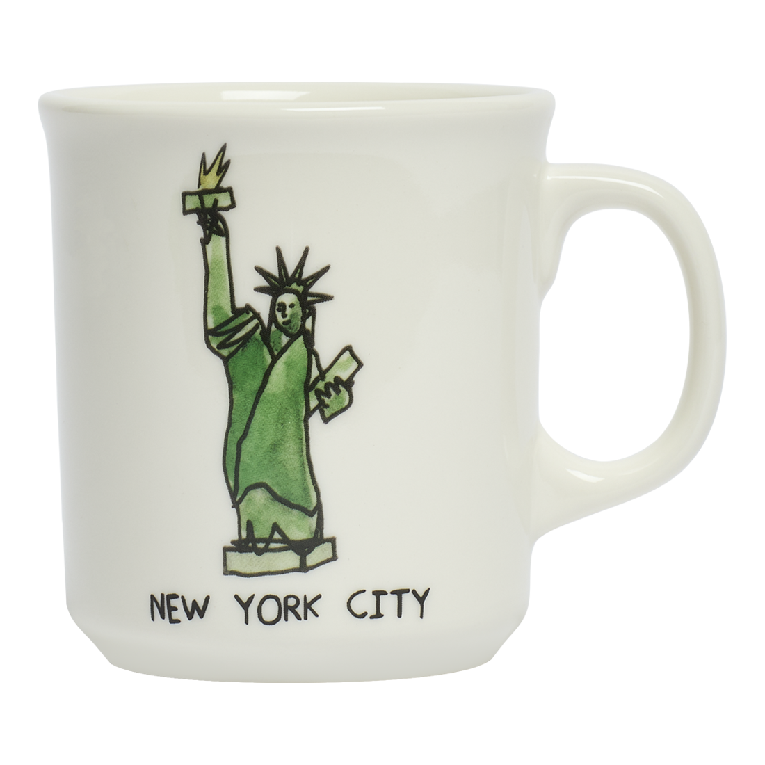 White mug with a green Statue of Liberty illustration and 'New York City' text on a white background