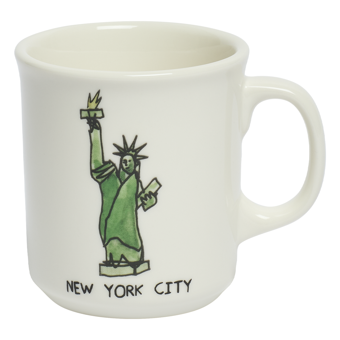 White mug with a green Statue of Liberty illustration and 'New York City' text on a white background