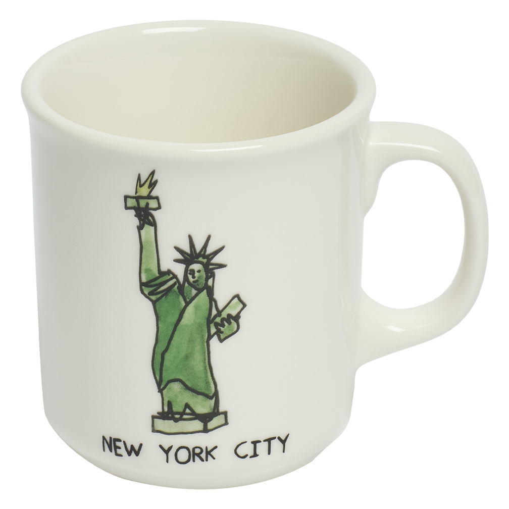 White mug with green Statue of Liberty design and 'New York City' text on a white background