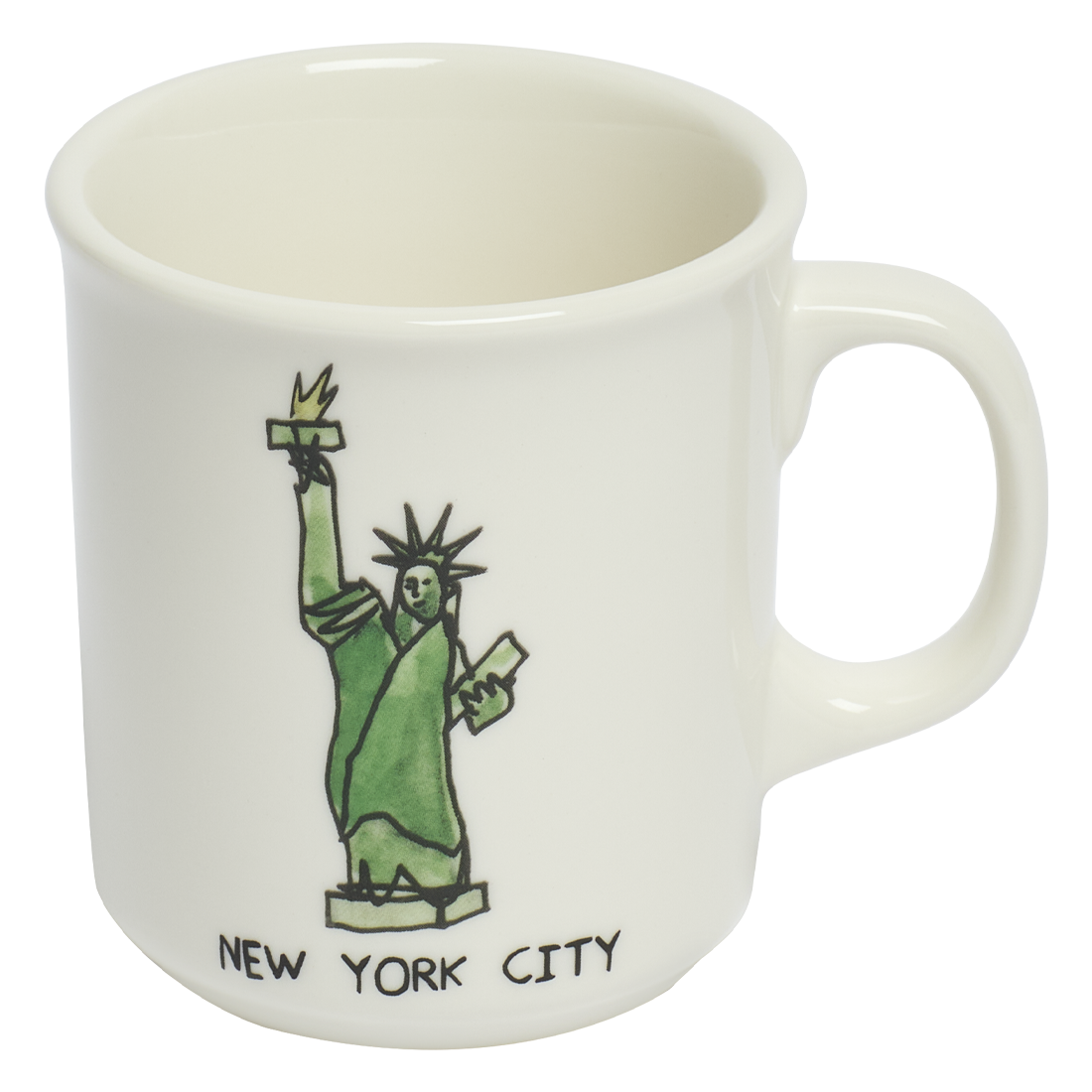 White mug with green Statue of Liberty design and 'New York City' text on a white background