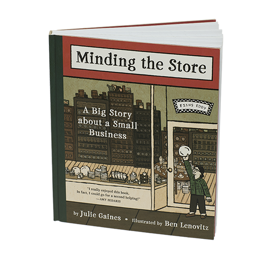 Book titled 'Minding the Store' with a cover illustration of a store front and a person.