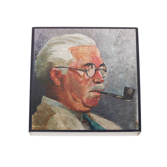 Painting of a man with glasses and a pipe on a textured surface