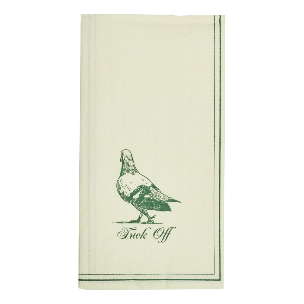 Beige towel with green bird graphic and text on a white background
