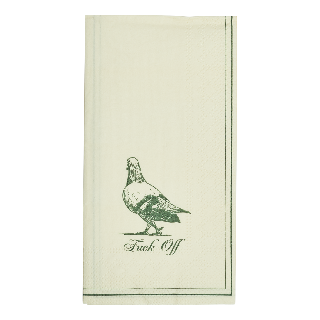 Beige towel with green bird graphic and text on a white background