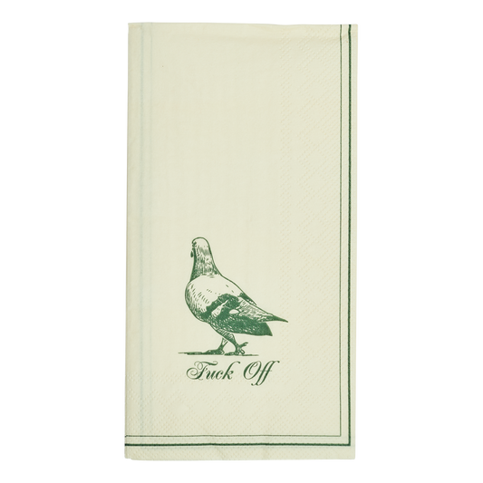Beige towel with green bird graphic and text on a white background