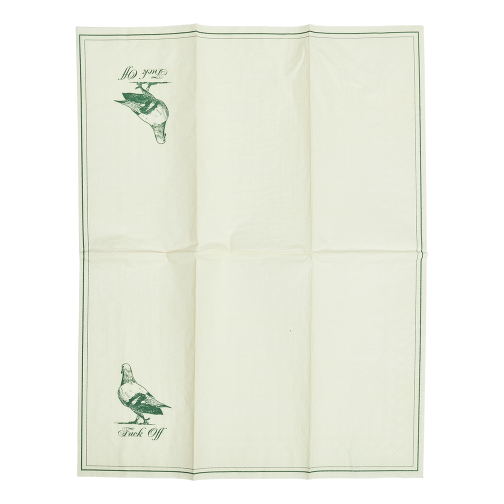 Folded fabric with printed designs of birds and text on a white background