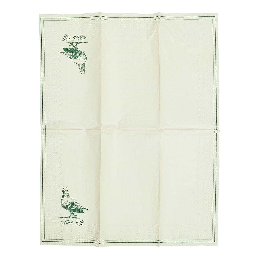 Folded fabric with printed designs of birds and text on a white background