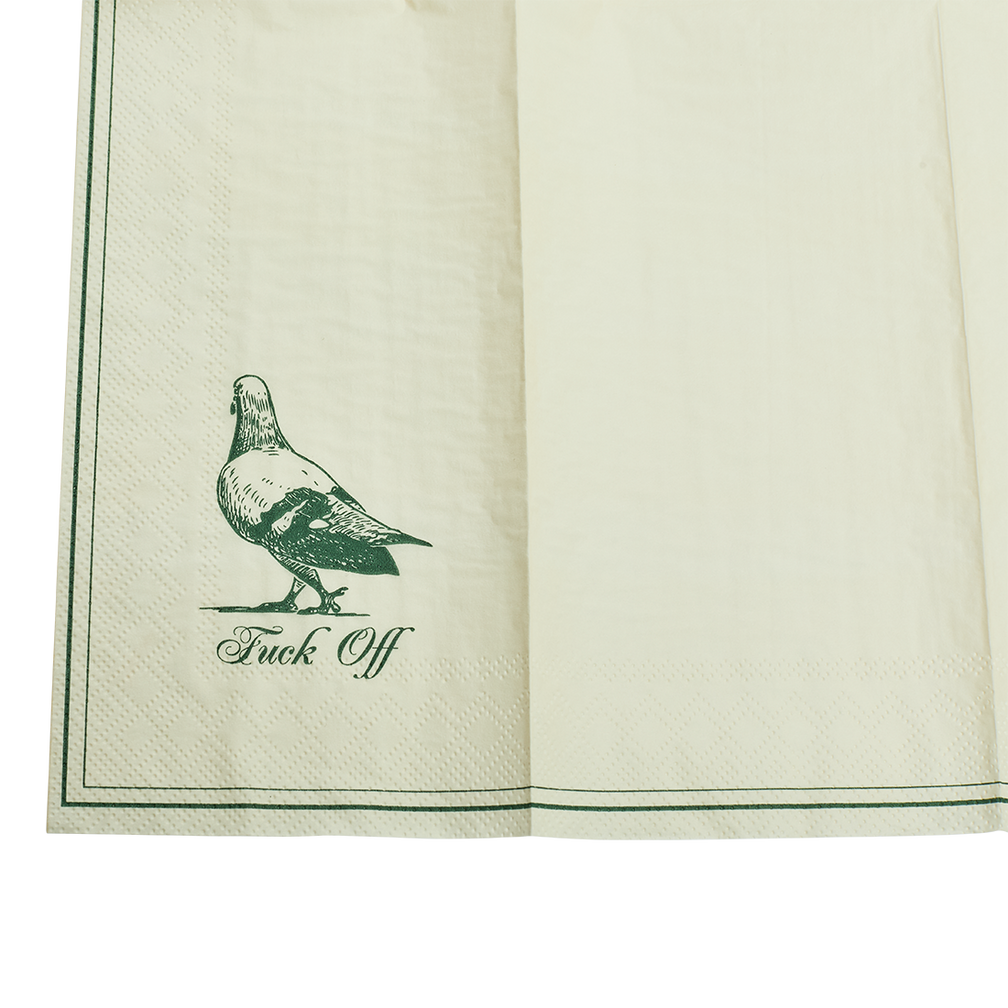 Towel with a graphic of a bird and text on a white background