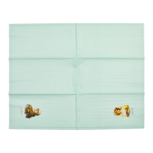 Light green fabric with printed designs on a white background