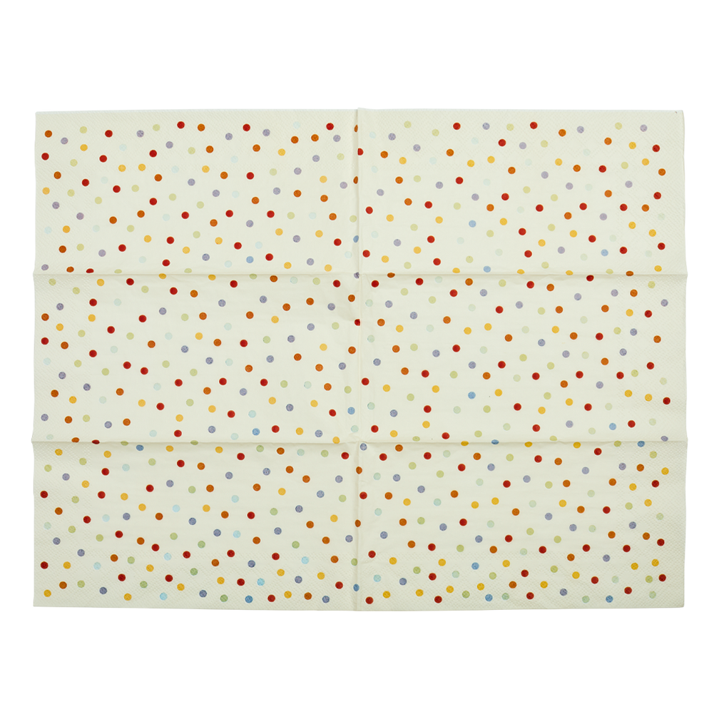 Folded fabric with multicolored polka dot pattern on a white background