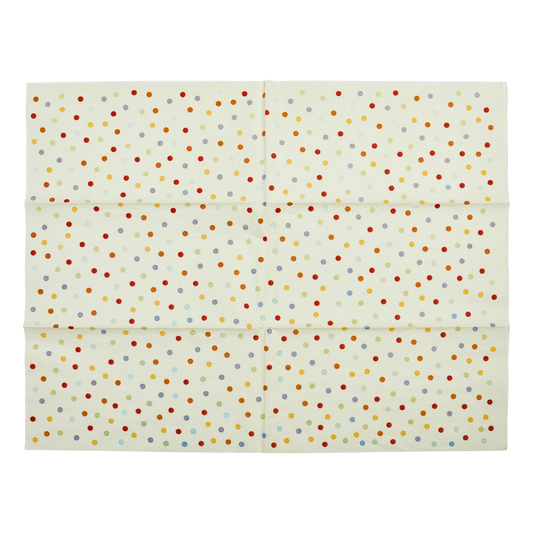 Folded fabric with multicolored polka dot pattern on a white background