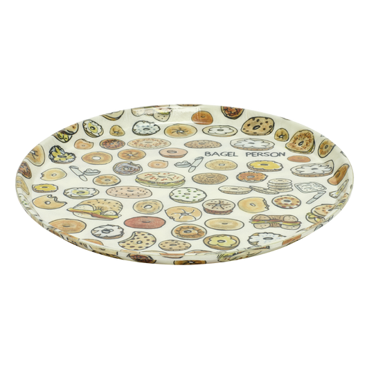 Round plate with bagel pattern and 'Bagel Person' branding on a white background