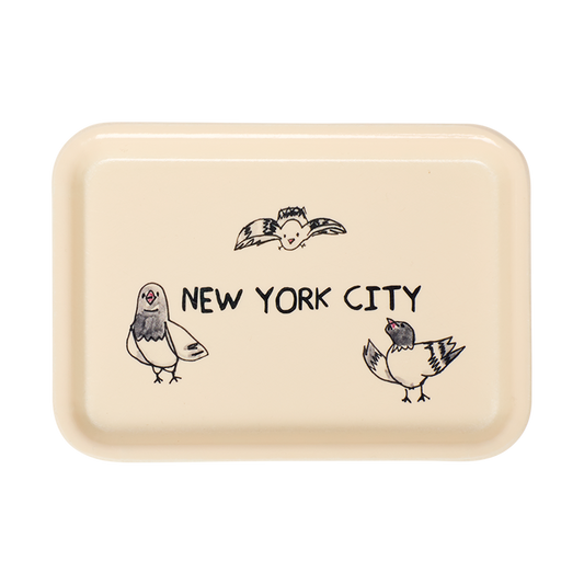 Vintage inspired New York City ceramic tray featuring whimsical pigeon illustrations and playful city charm, perfect for serving snacks organizing jewelry or adding personality to coffee tables and kitchen counters
