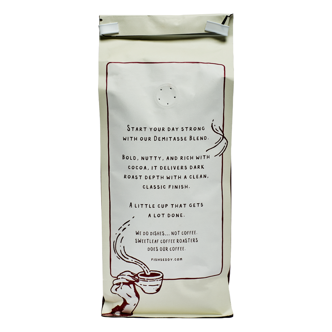 Coffee bag with text and graphics on a white background
