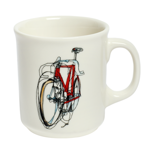 White mug with a bicycle design on a white background