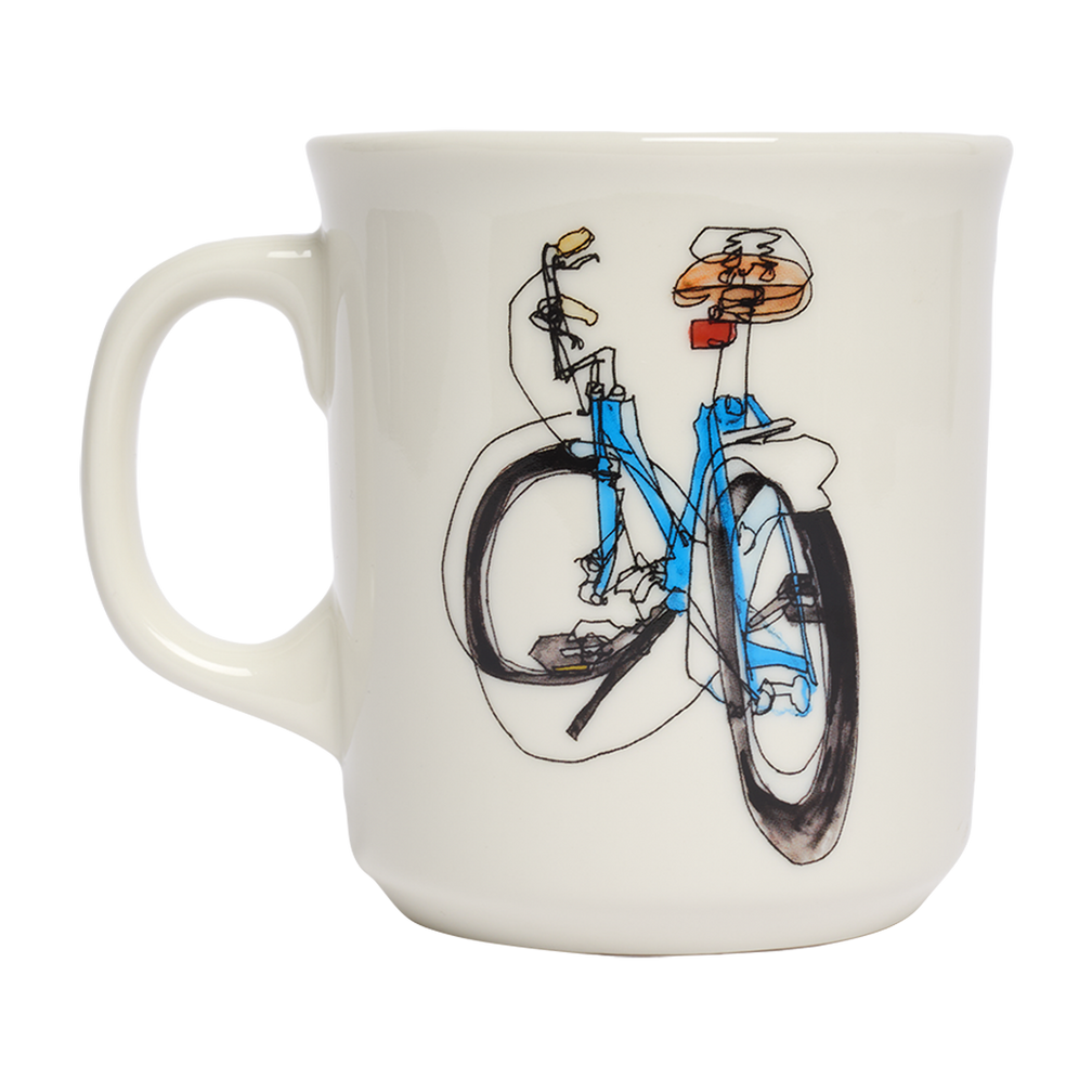 Close-up of Taliah Lempert - Bike Mug 16oz, ceramic mug with bicycle illustration